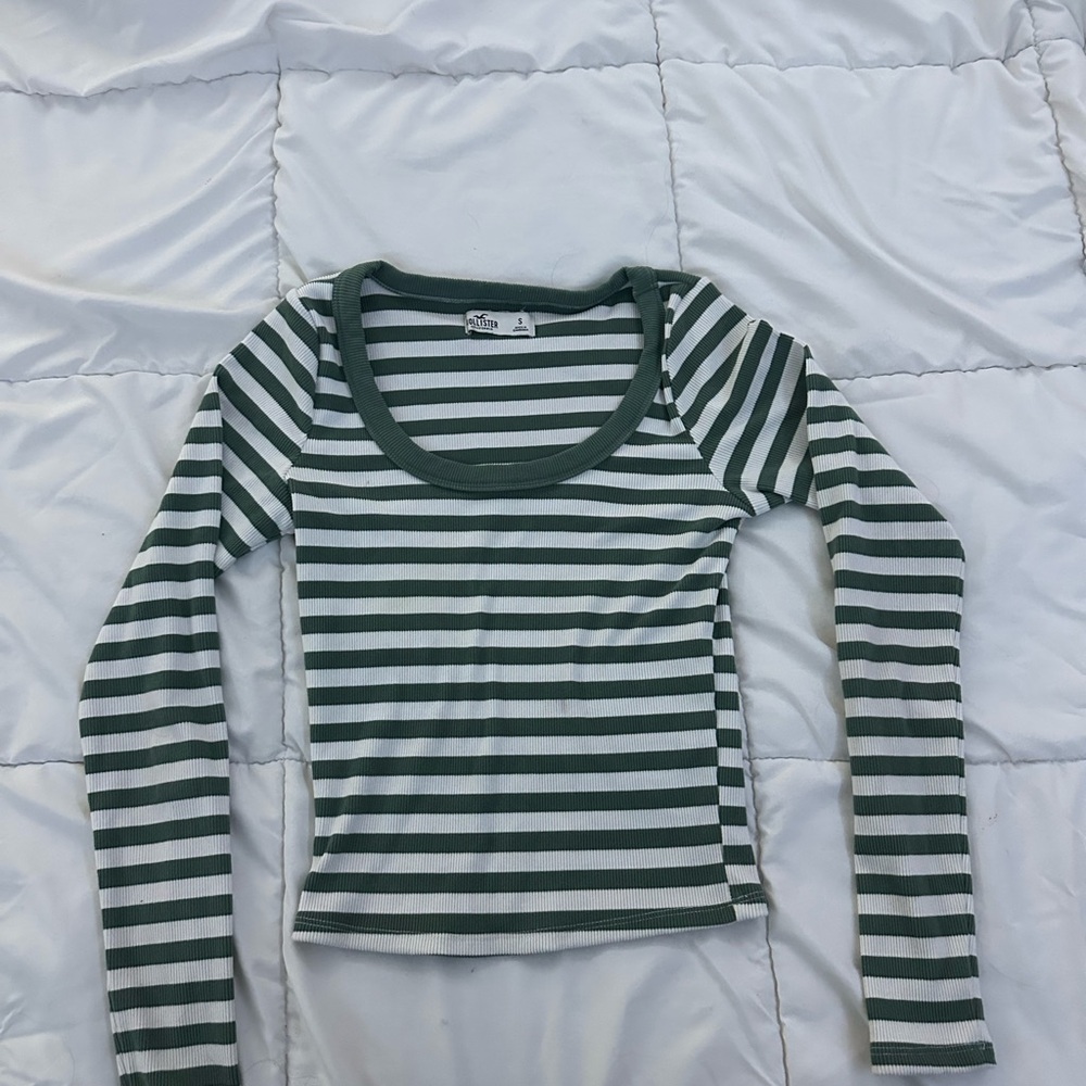 Hollister Green and White Striped Long Sleeve Tee